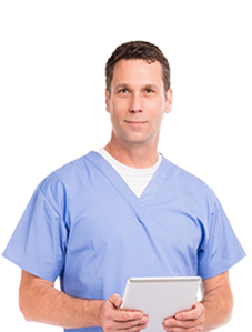 Male Chiropractor wearing scrubs, smiling, holding a note pad