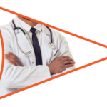 torso of medical doctor with stethoscope and arms folded set within the arrow shape from the Launchpad logo